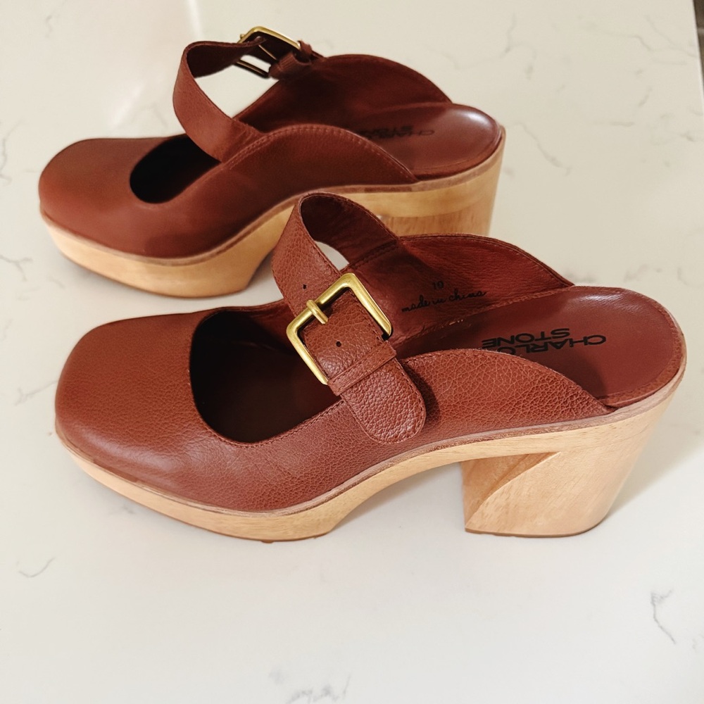 Charlotte Stone Brown Leather Mary Jane Clog Heels